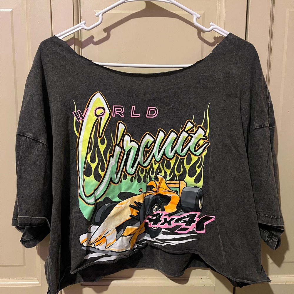 Black cropped off the shoulder race car shirt